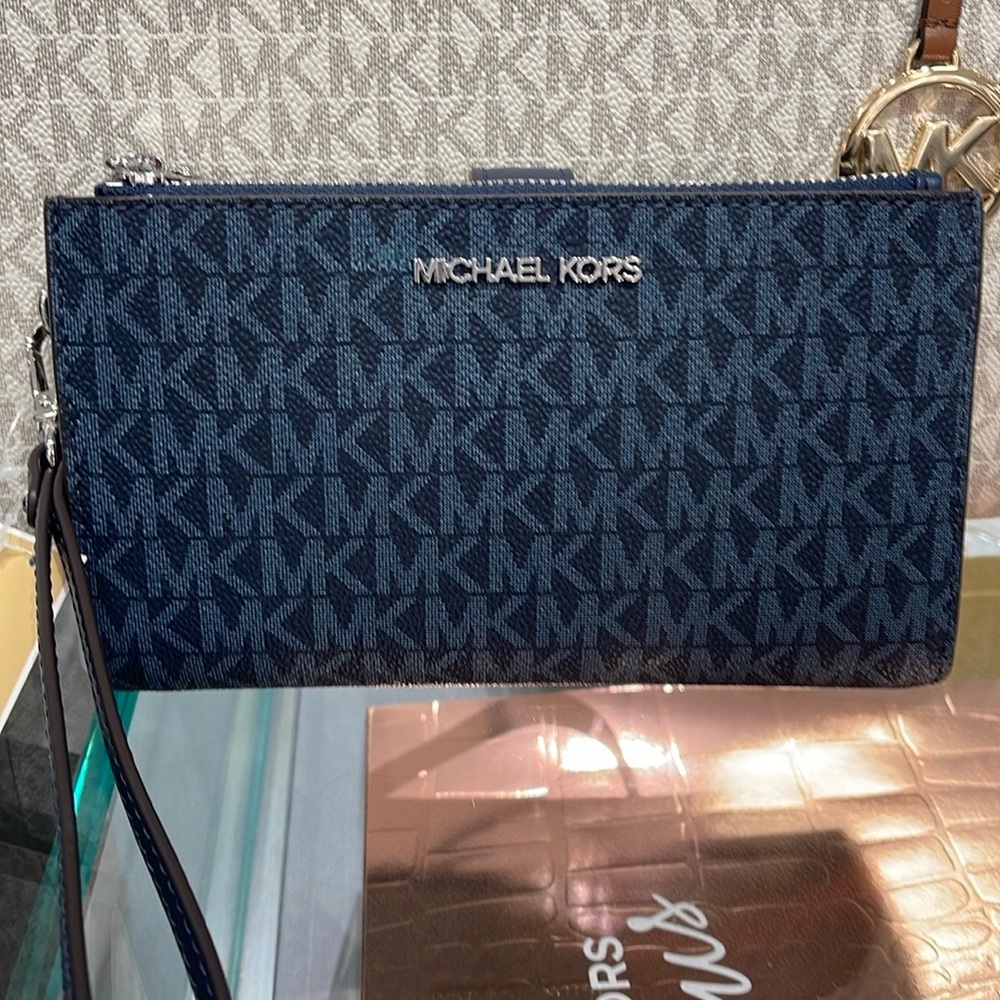 Michael Kors Jet Set Travel Large Double-Zip Wristlet-Wallet-PhoneHolder Admiral